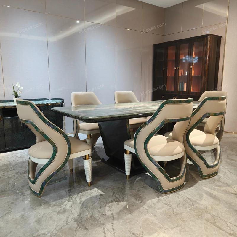 Green Veined Marble Dining Table with High-Gloss Dark Angled Pedestal and Stone Inlay Accents